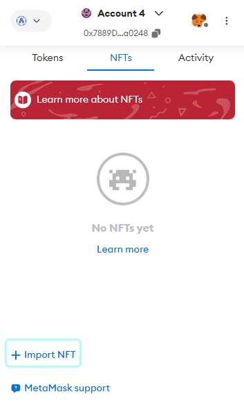 Click on MetaMask > NFTs > +Import NFT